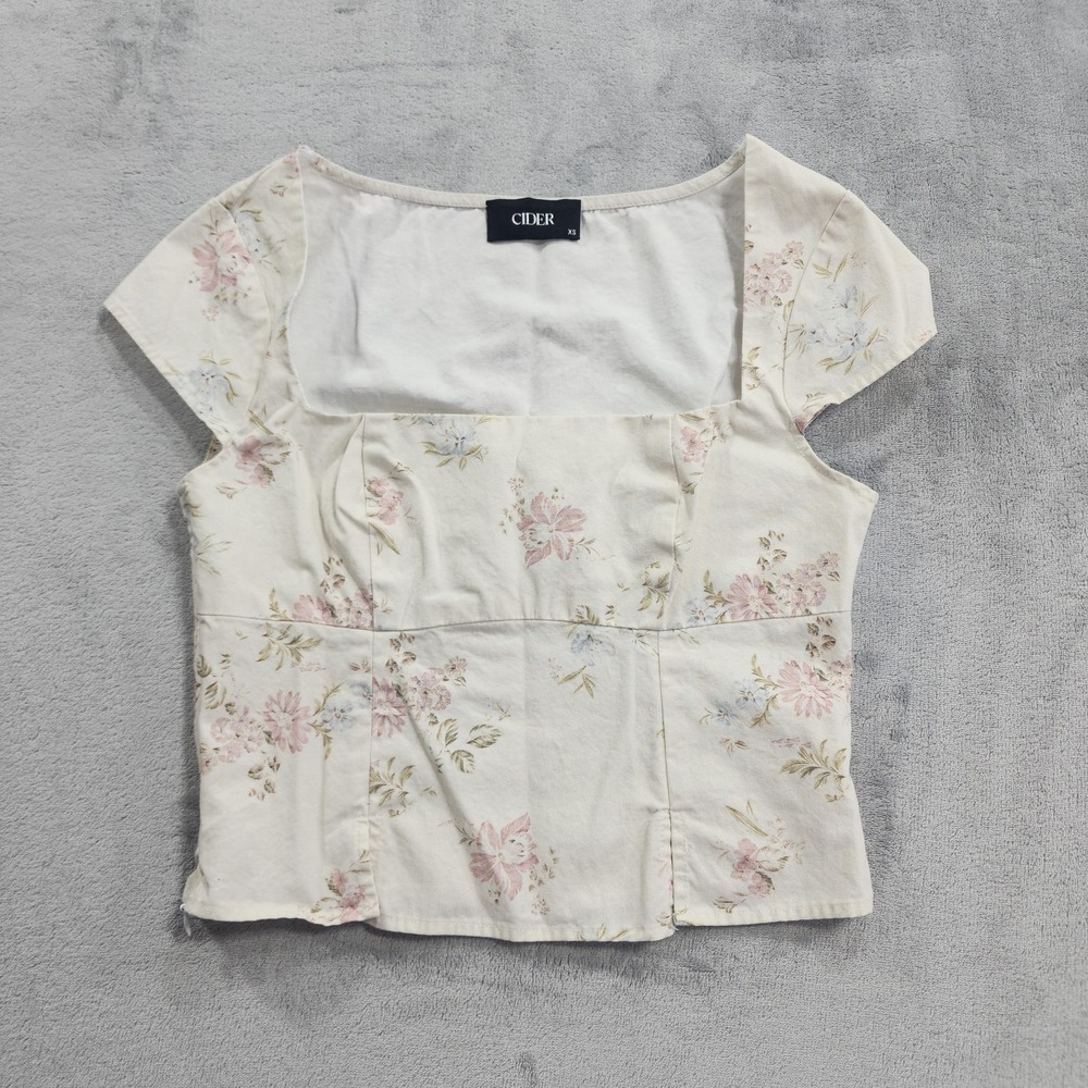 Cider Top Womens XS White Floral Square Neck Cropped Cap Sleeve Cotton Blouse